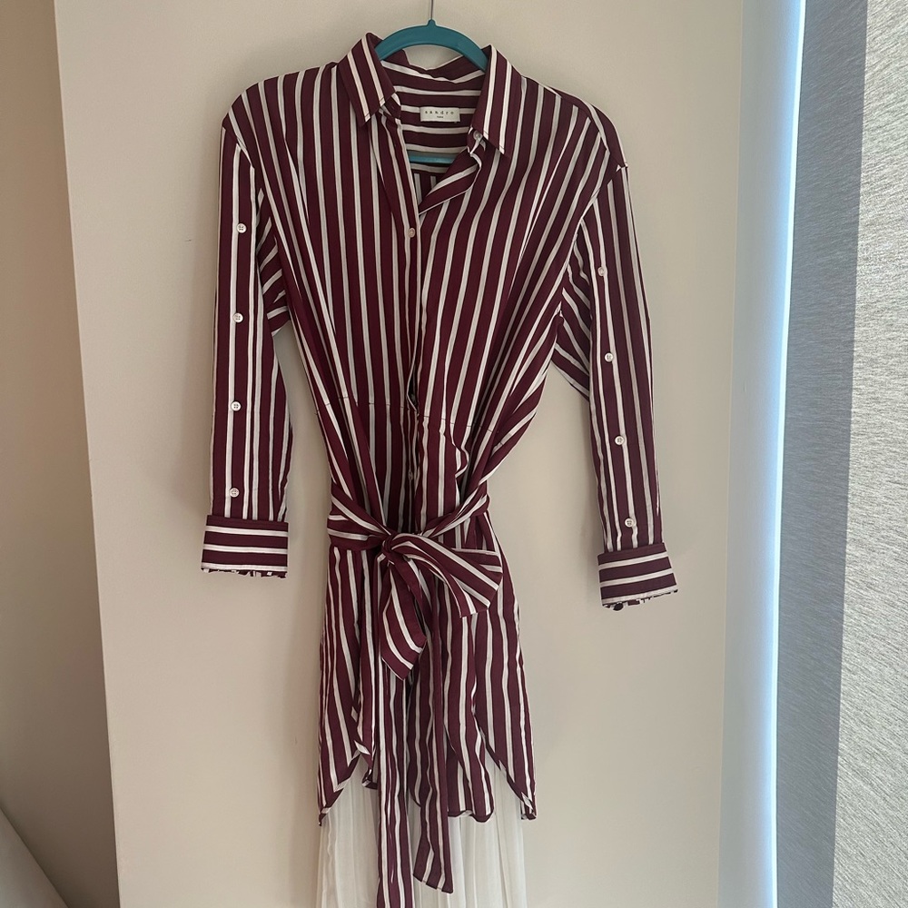 Sandro Melia Pleated Striped Shirt Dress